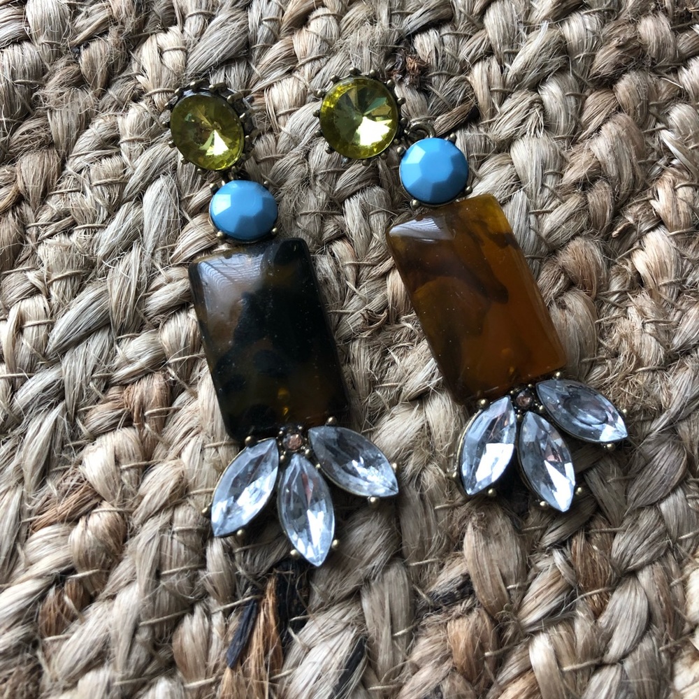 Brown & gold tone statement earrings w/blue accent